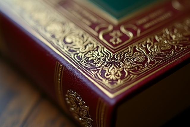Nahaufnahme einer handgefertigten, luxuriösen Buchbindung aus Leder mit Goldprägung.