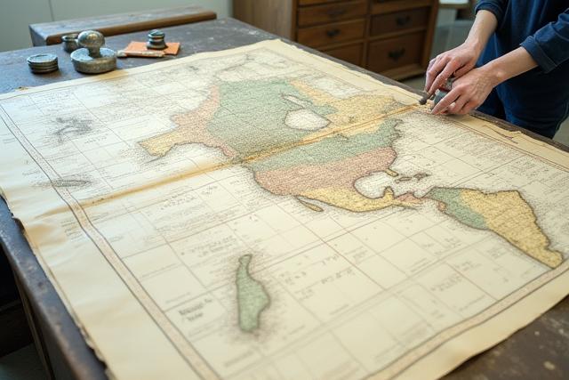 Eine historische Karte wird auf einem Restaurierungstisch ausgebreitet und begutachtet.