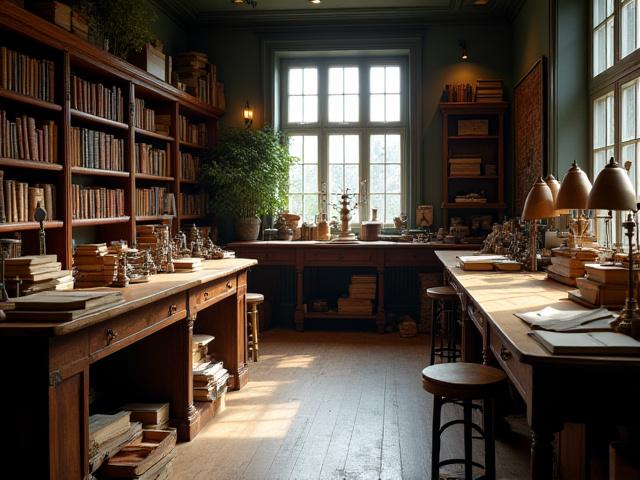 Blick in das Atelier von Faust Reparatur mit Werkzeugen und alten Büchern